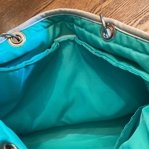 Tote in Silver, Bright Sea Green and Shades of Gray with Cheetah Accent - Picture 8 of 9